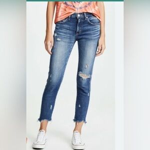 Moussy Vintage Glendale Mid Rise Distressed Tapered Cropped Jeans Blue Denim 28
